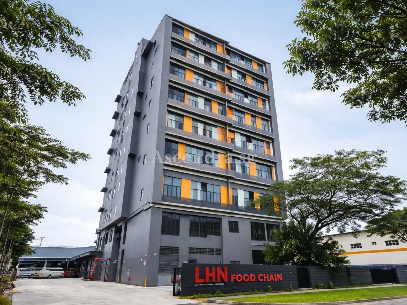 LHN Food Chain food factory building at Tuas Singapore with main entrance and signage
